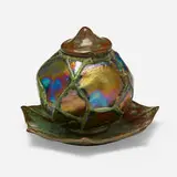 Turtleback inkwell by Tiffany Studios, c. 1910, Favrile glass, patinated bronze, glass, sold Jul 2024