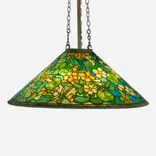 Nasturtium hanging shade by Tiffany Studios, c. 1910, leaded glass, patinated bronze, sold Jul 2024