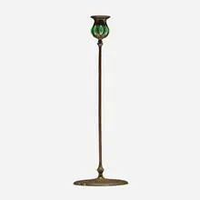 Candlestick by Tiffany Studios, c. 1895, patinated bronze, hand-blown glass, sold Jul 2024