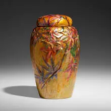 Tiffany Studios, Rare covered jar with Japanese maple branches, c. 1905, enameled copper