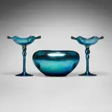 Bowl and pair of tazzas by Alexander Joseph von Steuben, c. 1910, hand-blown Aurene glass, sold Jul 2024