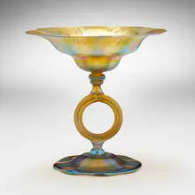 Compote with loop stem by Tiffany Studios, c. 1910, hand-blown Favrile glass, sold Jul 2024
