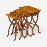 Marquetry nesting tables, set of four by Émile Gallé, c. 1900, mahogany, mixed wood inlay, sold Jul 2024
