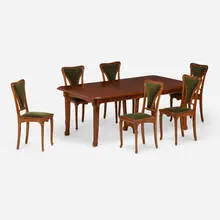 Edouard Diot, Dining table and chairs, set of six, c. 1900, mahogany, mohair upholstery