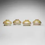 Quezal, Ruffled pulled-feather shades, set of four, c. 1910, hand-blown glass