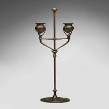 Adjustable two-light candlestick by Tiffany Studios, c. 1910, patinated bronze, sold Jul 2024