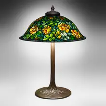 Tiffany Studios, Rose Bush table lamp, c. 1910, leaded glass, patinated bronze