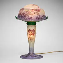 Muller Frères, Boudoir lamp with poppies, c. 1910, acid-etched and enameled glass, painted metal