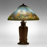 Handel, Fine Teroma table lamp with goldenrod, c. 1920, patinated metal, reverse-painted Chipped Ice and sand-finished glass