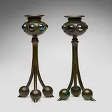 Jeweled tripod candlesticks, pair by Tiffany Studios, c. 1910, patinated bronze, Favrile glass, sold Jul 2024