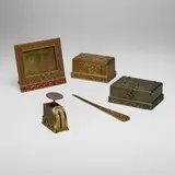 Venetian five-piece desk set by Tiffany Studios, c. 1910, patinated, acid-etched, gilt, and polychromed bronze, glass, sold Jul 2024