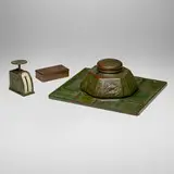 Tiffany Studios, Zodiac three-piece desk set, c. 1910, patinated bronze, glass