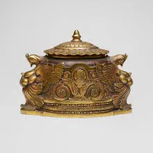 Spanish inkwell by Tiffany Studios, c. 1915, acid-etched and gilt bronze, glass, sold Jul 2024