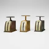 Tiffany Studios, Collection of three letter scales, c. 1910, patinated bronze, acid-etched and gilt bronze, slag glass
