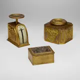 Tiffany Studios, Bookmark three-piece desk desk, c. 1915, gilt, acid-etched, and polychromed bronze, glass