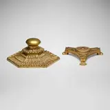 Pagoda and Three Spoke inkwells, set of two by Tiffany Studios, c. 1915, acid-etched and gilt bronze, glass, sold Jul 2024