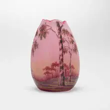 Miniature egg-shaped scenic vase by Daum, c. 1900, acid-etched and enameled glass, sold Jul 2024