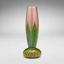 Pulled-feather vase by Tiffany Studios, c. 1913, hand-blown Favrile glass, sold Jul 2024