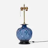 René Lalique, Penthièvre converted lamp base, c. 1928, cornflower blue glass with white patina, brass, lacquered wood