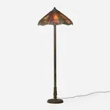 Handel, Teroca scenic overlay floor lamp, c. 1910, patinated metal, painted slag glass