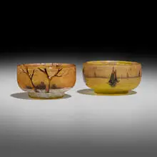 Scenic salts, set of two by Daum, c. 1900, acid-etched and enameled glass, sold Jul 2024