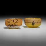Daum, Scenic salts, set of two, c. 1900, acid-etched and enameled glass