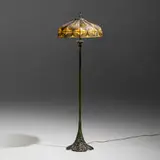Handel, Rare Teroca feather overlay floor lamp, c. 1910, patinated metal, painted slag glass
