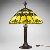 Handel, Teroca oak leaf overlay table lamp, c. 1910, patinated metal, painted slag glass