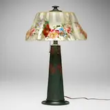 Pairpoint, Puffy Floral Garland table lamp, c. 1915, reverse-painted and frosted glass, patinated metal
