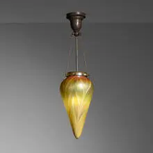 Pulled-feather stalactite shade by Tiffany Studios, c. 1899-1900, hand-blown Favrile glass, patinated bronze, sold Jul 2024