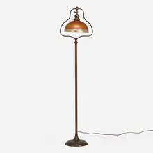 Handel and Steuben, Intarsia floor lamp, c. 1910, patinated metal, hand-blown Aurene glass