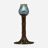 Tiffany Studios, Bamboo candle lamp, c. 1910, patinated bronze, hand-blown Favrile glass, glass