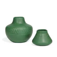 Owens Pottery, Mat Green earthenware vases, two