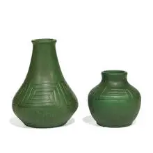 Owens Pottery, Mat Green earthenware vases, two