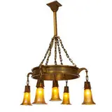 Steuben Division, Corning Glass Works, light shades, five, on an Arts & Crafts chandelier