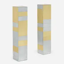 Cityscape illuminated pedestals, pair by Paul Evans, c. 1975, chrome-plated steel, brass, frosted glass, sold Jan 2020