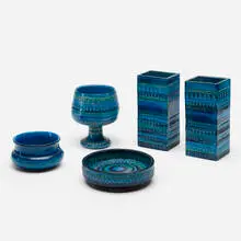 Rimini Blu vessels, collection of five by Aldo Londi, c. 1965, glazed stoneware, sold Jan 2020