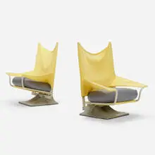 lounge chairs model AEO, pair by Paolo Deganello, 1973, molded plastic, canvas, enameled steel, leather, sold Jan 2020