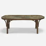 Chan table, model no.140 by Philip and Kelvin Laverne, c. 1965, acid-etched and enameled patinated brass over pewter and wood, sold Oct 2019
