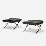 Barcelona ottomans, pair by Ludwig Mies van der Rohe, stainless steel, leather, sold Oct 2019