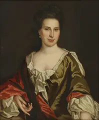 Untitled by Jonathan Richardson, wearing pearl earrings and holding a pearl necklace oil on canvas 75 x 62cm, sold Jun 2021