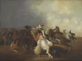 Jan Jacobsz. van de Stoffe, Untitled, 1610-1682) A cavalry skirmish oil on panel 20.5 x 26cm
