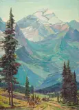 Riders Beneath a Snow-Capped Mountain by American School, oil on canvas, sold Apr 2005