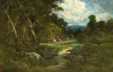 William Keith, A Farmhouse in a Forest Clearing, oil on canvas