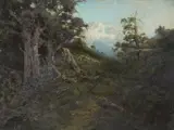 William Keith, A Wooded Landscape with Snow-Covered Mountains in the Distance