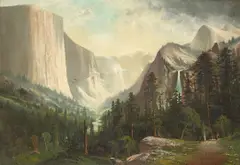 John J. Englehart, Indians at a Roadside Cookfire with the Yosemite Valley Beyond, 1900, oil on canvas