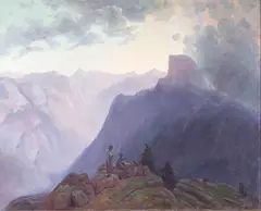 Two Figures on the Rim of Yosemite Valley with Half Dome in the Distance by Harry Cassie Best, oil on canvas, sold Apr 2005