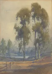A Stand of Eucalyptus with an Old Fence in the Foreground by Percy Gray, pencil and watercolor on heavy card, sold Apr 2005