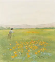 Grace Hudson, A Woman Walking in a Field of Poppies; A Woman Walking in a Forest Clearing (a pair), oil on paper board