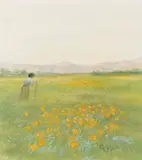 Grace Hudson, A Woman Walking in a Field of Poppies; A Woman Walking in a Forest Clearing (a pair)